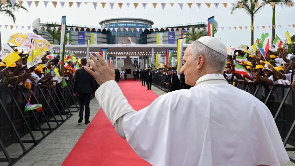 Pope Leo XIV waves to crowds during a meeting with the World of Culture at the León XIV Campus of the National University in Malabo, Equatorial Guinea, on Tuesday, April 21, 2026. | Credit: Vatican Media