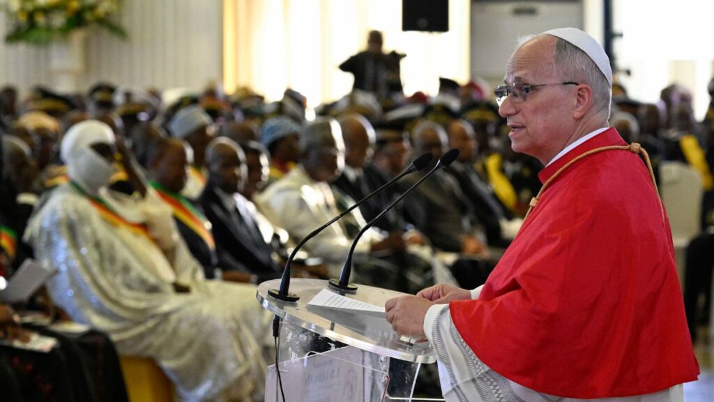Pope Leo XIV speaks to clergy and Cameroonian officials at the Presidential Palace in Yaoundé, Wednesday, April 15, 2026. | Credit: Vatican Media