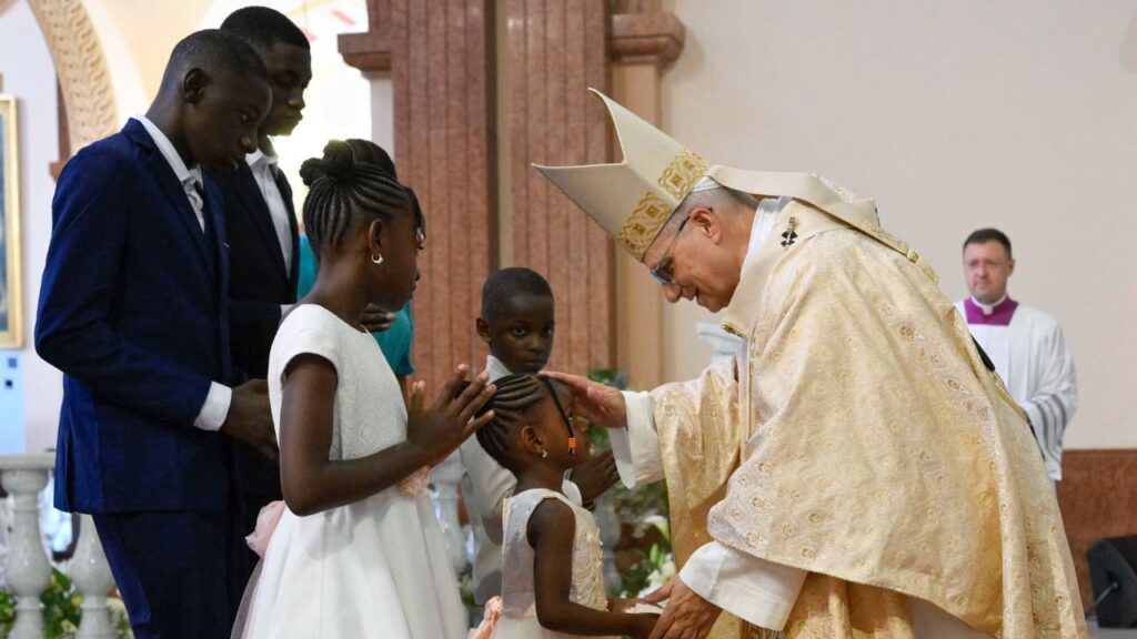 Pope Leo XIV greets Catholics during Mass at the Basilica of the Immaculate Conception in Mengomeyén, Equatorial Guinea, Wednesday, April 22, 2026. | Credit: Vatican Media