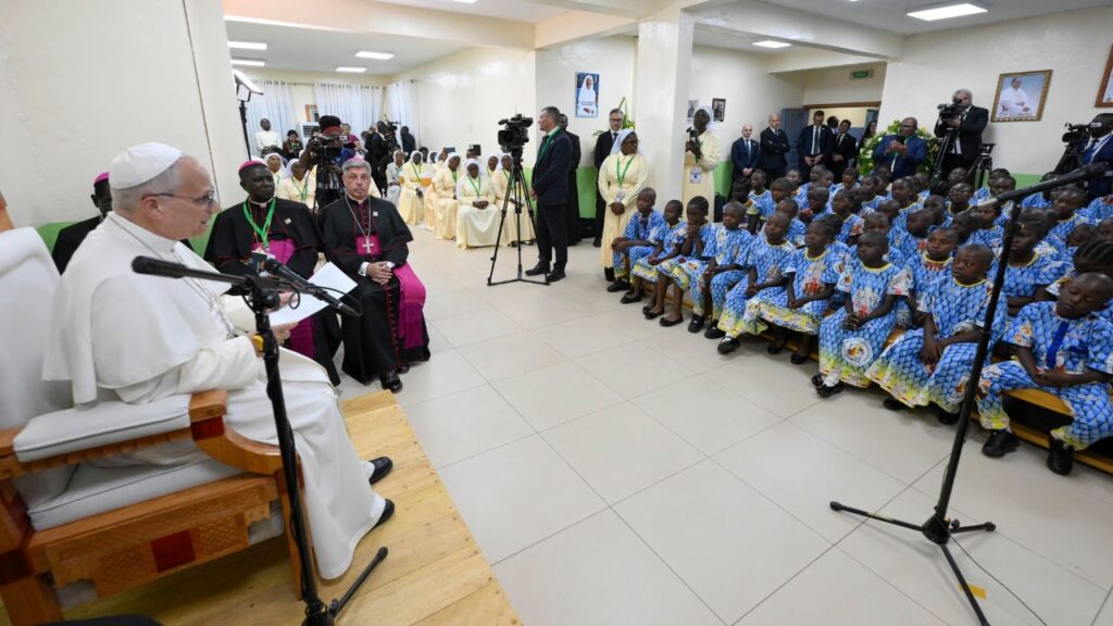 Pope Leo XIV speaks to children at the Ngul Zamba Orphanage in Yaoundé, Wednesday, April 15, 2026. | Credit: Vatican Media