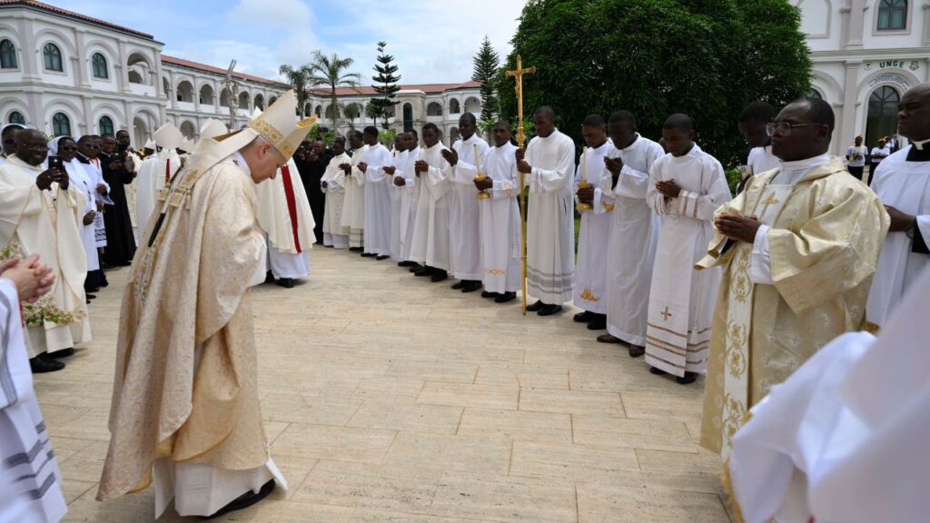 Pope Leo XIV greets Catholics during Mass at the Basilica of the Immaculate Conception in Mengomeyén, Equatorial Guinea, Wednesday, April 22, 2026. | Credit: Vatican Media