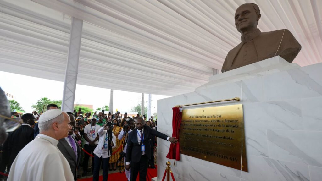 Pope Leo XIV views a plaque underneath a statue in his honor during a meeting with the World of Culture at the León XIV Campus of the National University in Malabo, Equatorial Guinea, on Tuesday, April 21, 2026. | Credit: Vatican Media