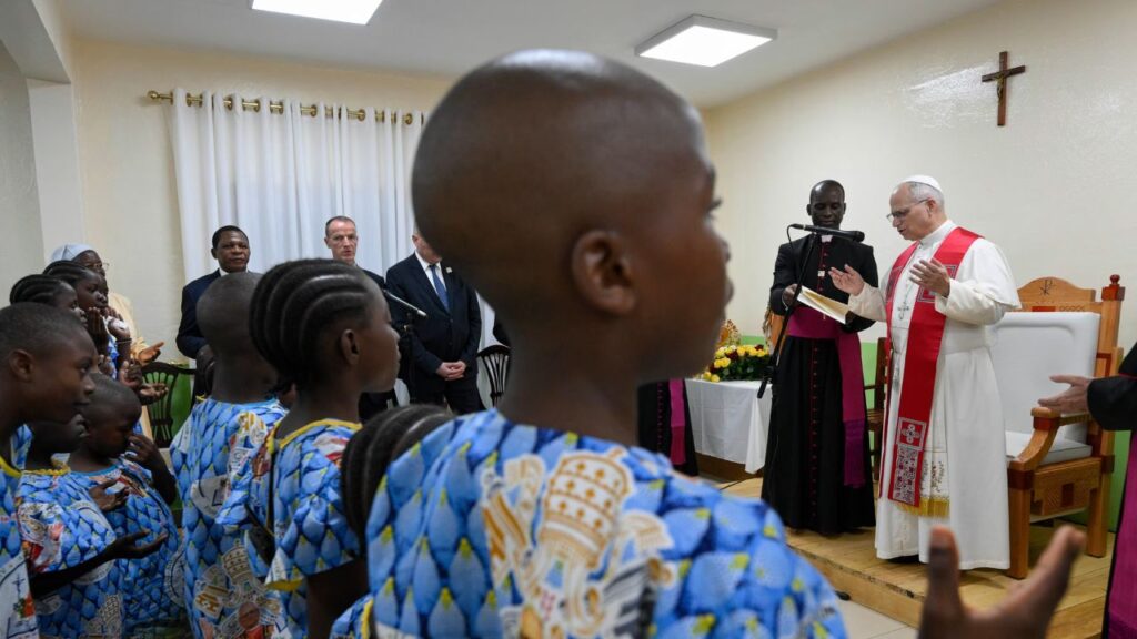 Children pray with Pope Leo XIV at the Ngul Zamba Orphanage in Yaoundé, Wednesday, April 15, 2026. | Credit: Vatican Media