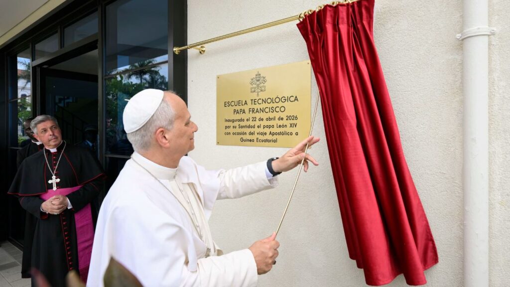 Pope Leo XIV unveils a plaque at the Pope Francis Technology School in Mengomeyén, Equatorial Guinea, Wednesday, April 22, 2026. | Credit: Vatican Media