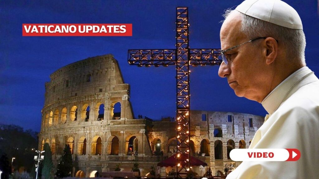 Good Friday's Station of the Cross at the Colosseum. Credit: Daniel Ibanez | EWTN Vatican. Pope Leo at prayer. Credit: Vatican Media.