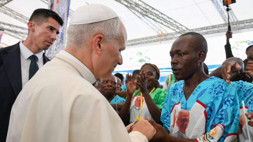 Pope Leo XIV greets crowds at the Jean Pierre Olie Psychiatric Hospital in Malabo, Equatorial Guinea, on Tuesday, April 21, 2026. | Credit: Vatican Media