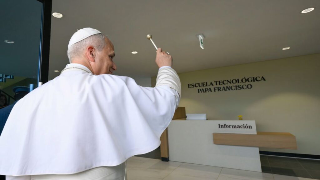 Pope Leo XIV blesses the Pope Francis Technology School in Mengomeyén, Equatorial Guinea, Wednesday, April 22, 2026. | Credit: Vatican Media