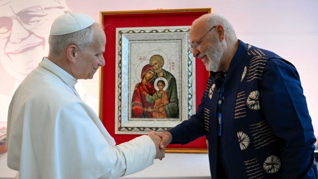 Pope Leo XIV greets an official at the Jean Pierre Olie Psychiatric Hospital in Malabo, Equatorial Guinea, on Tuesday, April 21, 2026. | Credit: Vatican Media