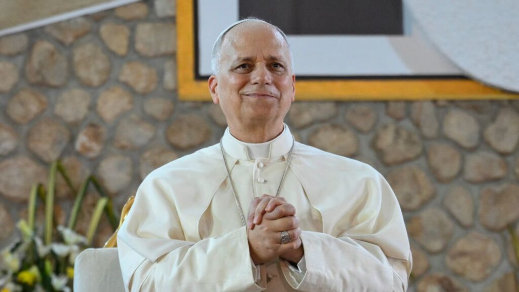 Pope Leo XIV gets emotional during a peace meeting at St. Joseph Cathedral in Bamenda, Cameroon, on April 16, 2026. | Credit: Vatican Media