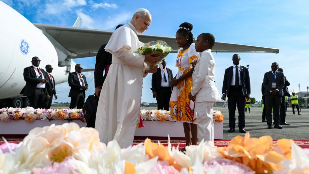 Pope Leo XIV is greeted upon his arrival in Bata, Equatorial Guinea, Wednesday, April 22, 2026. | Credit: Vatican Media