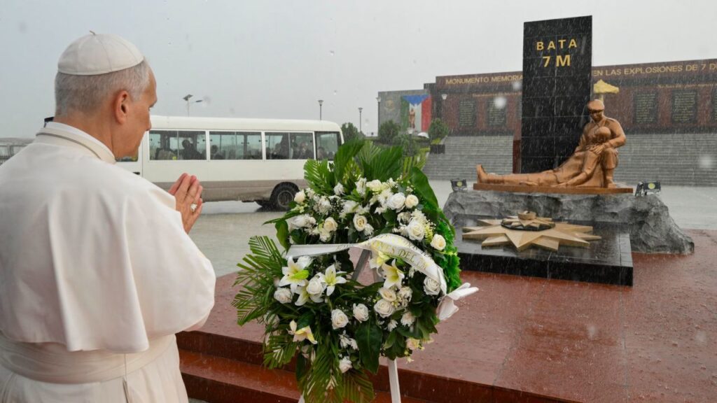 Pope Leo XIV prays at a monument to those who died in the 2021 explosions at Bata, Equatorial Guinea, Wednesday, April 22, 2026. | Credit: Vatican Media