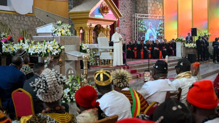 Pope Leo XIV leads a meeting for peace and reconciliation at St. Joseph Cathedral in Bamenda, Cameroon, on April 16, 2026. | Credit: Vatican Media