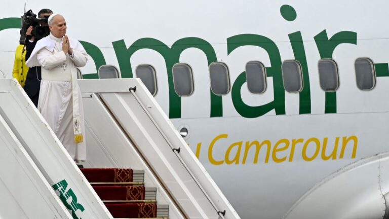Pope Leo XIV departs Bamenda, Cameroon, after celebrating Mass at the regional airport on Thursday, April 16, 2026. | Credit: Vatican Media