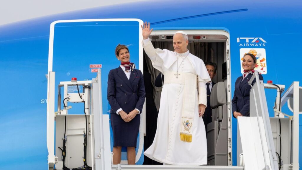 Pope Leo XIV departs from Rome for Algeria on April 13, 2026. | Credit: Daniel Ibáñez/EWTN News