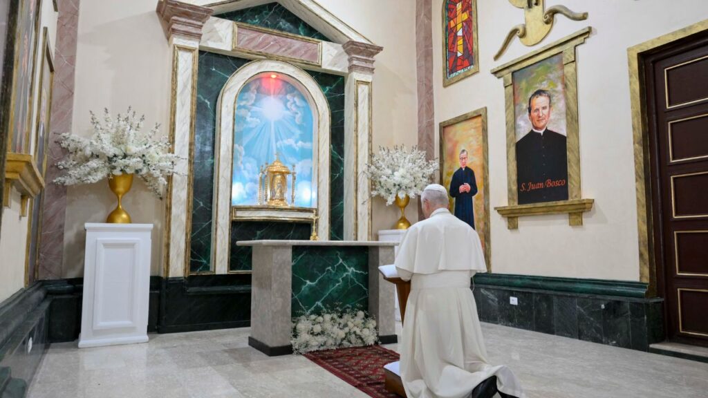Pope Leo XIV prays at the Cathedral of St. James and Our Lady of the Pillar in Bata, Equatorial Guinea, Wednesday, April 22, 2026. | Credit: Vatican Media