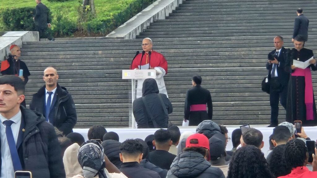 Pope Leo XIV speaks at the Maqam Echahid Martyrs’ Monument in Algiers, Algeria, on April 13, 2026. | Credit: Marco Mancini/EWTN News