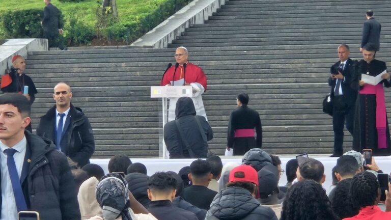 Pope Leo XIV speaks at the Maqam Echahid Martyrs’ Monument in Algiers, Algeria, on April 13, 2026. | Credit: Marco Mancini/EWTN News
