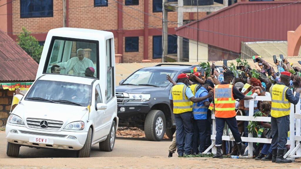 Crowds greet Pope Leo XIV as he rides through Bamenda, Cameroon, on Thursday, April 16, 2026. | Credit: Vatican Media