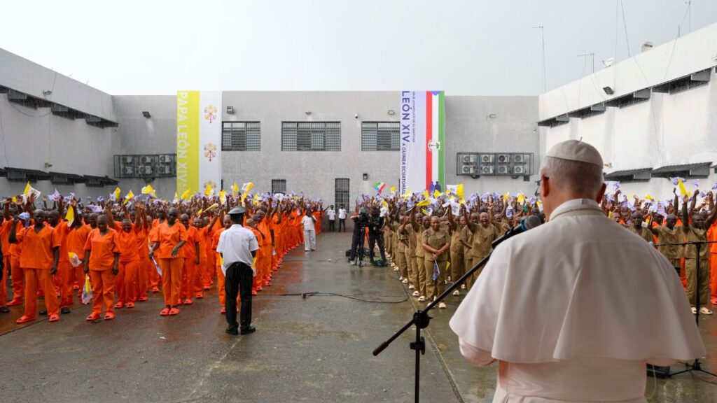 Pope Leo XIV speaks to prisoners at Bata Prison, Equatorial Guinea, Wednesday, April 22, 2026. | Credit: Vatican Media
