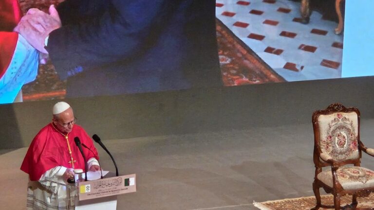 Pope Leo XIV addresses diplomats in Algiers, Algeria, on April 13, 2026. | Credit: Marco Mancini/EWTN News