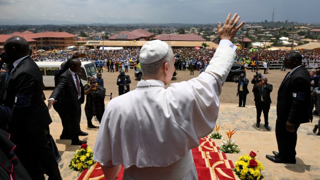 Pope Leo XIV waves outside of St. Joseph Cathedral in Bamenda, Cameroon, on Thursday, April 16, 2026. | Credit: Vatican Media