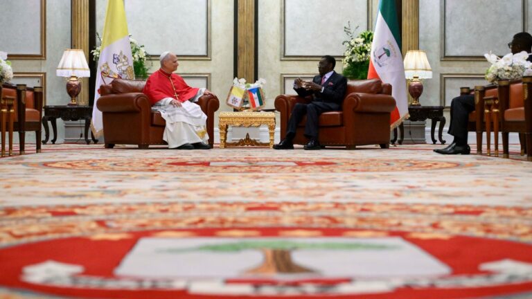 Pope Leo XIV meets with Equatorial Guinea President Teodoro Obiang Nguema Mbasogo at the presidential palace in Malabo on April 21, 2026. | Credit: Vatican Media