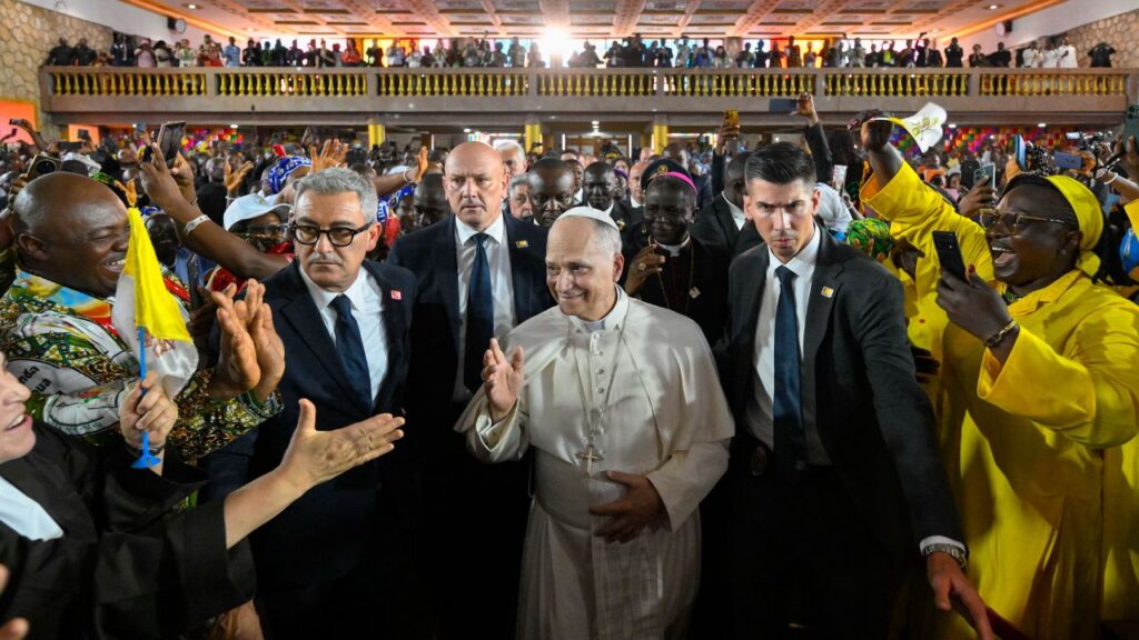 Pope Leo XIV waves to crowds at St. Joseph Cathedral in Bamenda, Cameroon, during a peace meeting on Thursday, April 16, 2026. | Credit: Vatican Media