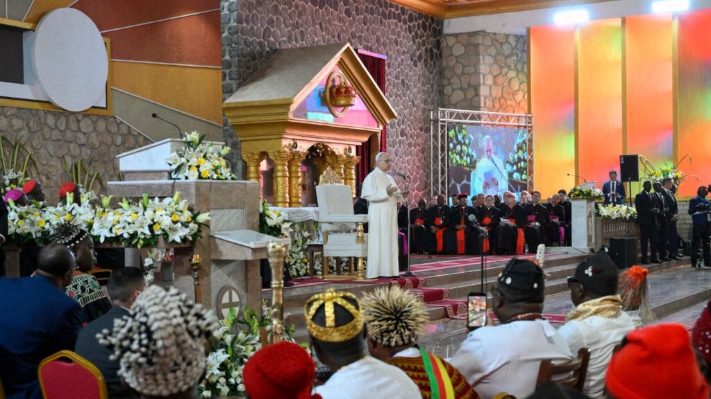 Pope Leo XIV leads a meeting for peace and reconciliation at St. Joseph Cathedral in Bamenda, Cameroon, on Thursday, April 16, 2026. | Credit: Vatican Media
