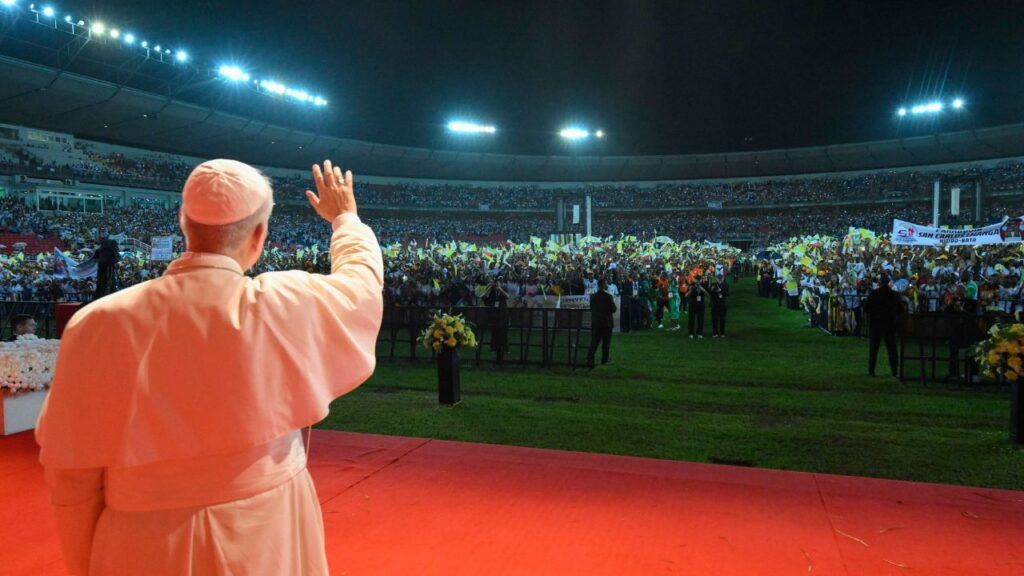 Pope Leo XIV waves to the crowd at a meeting with families at Bata Stadium in Equatorial Guinea, Wednesday, April 22, 2026. | Credit: Vatican Media