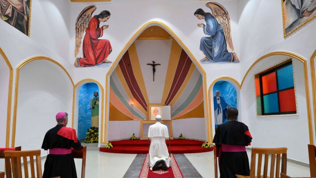 Pope Leo XIV prays in adoration before the Eucharist in the Holy Sacrament Chapel of St. Joseph Cathedral in Bamenda, Cameroon, on Thursday, April 16, 2026. | Credit: Vatican Media