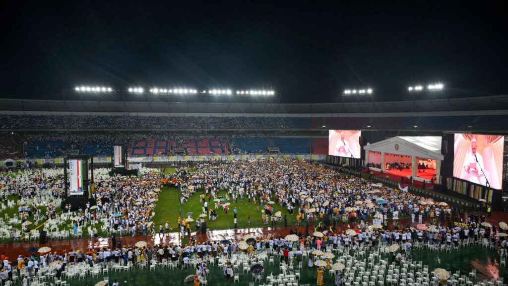 A crowd of families assembles during a meeting with Pope Leo XIV at Bata Stadium in Equatorial Guinea, Wednesday, April 22, 2026. | Credit: Vatican Media