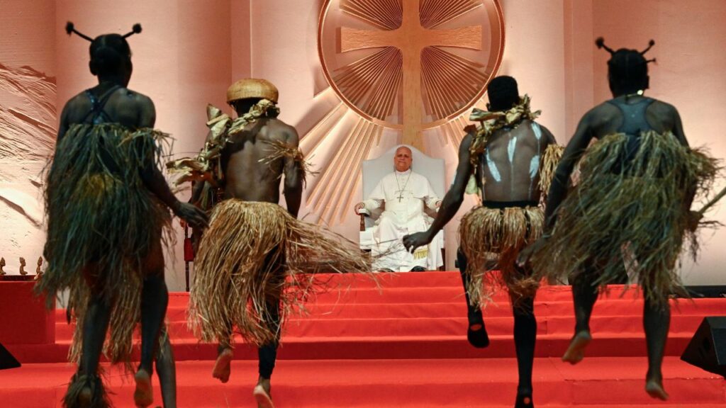 Dancers put on a show for Pope Leo XIV during a meeting with families at Bata Stadium in Equatorial Guinea, Wednesday, April 22, 2026. | Credit: Vatican Media