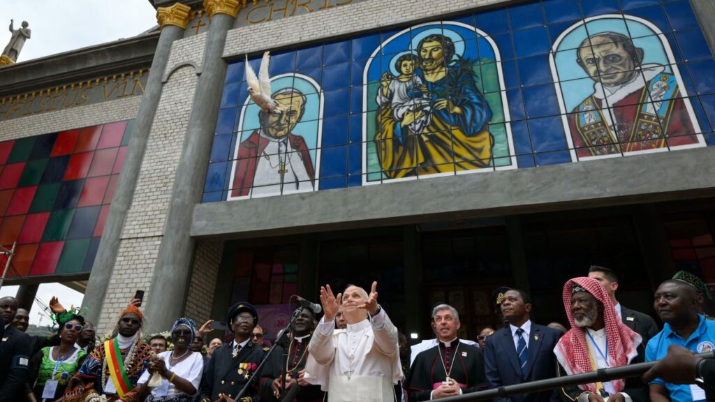 Pope Leo XIV releases a dove outside of St. Joseph Cathedral in Bamenda, Cameroon, on Thursday, April 16, 2026. | Credit: Vatican Media