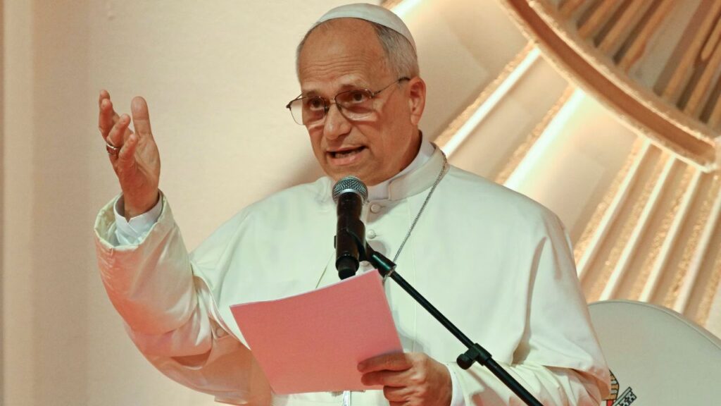 Pope Leo XIV speaks while meeting with families at Bata Stadium in Equatorial Guinea, Wednesday, April 22, 2026. | Credit: Vatican Media