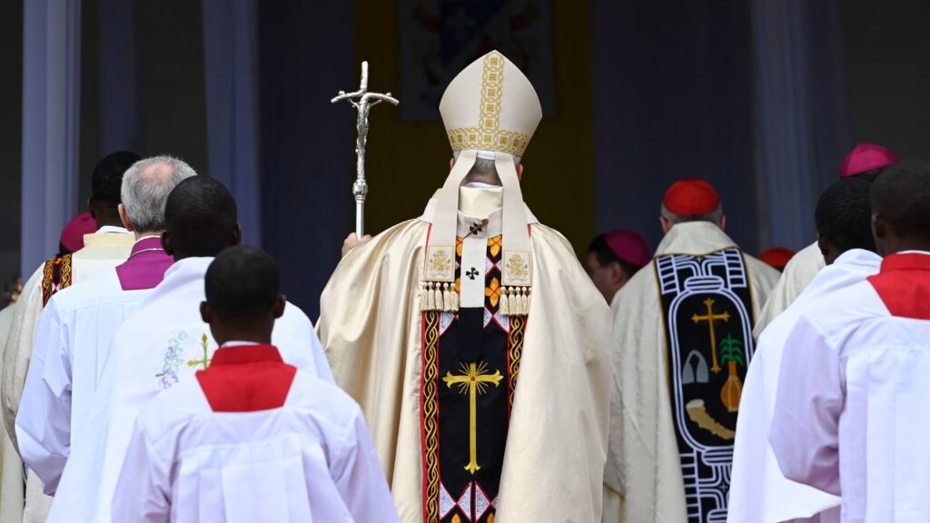 Pope Leo XIV processes during Mass at Bamenda Airport in Cameroon on Thursday, April 16, 2026. | Credit: Vatican Media