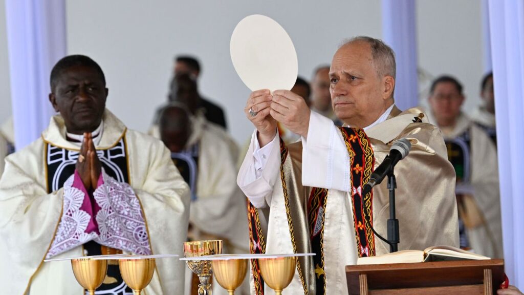 Pope Leo XIV elevates the Eucharist during the papal Mass at Bamenda Airport in Cameroon on Thursday, April 16, 2026. | Credit: Vatican Media