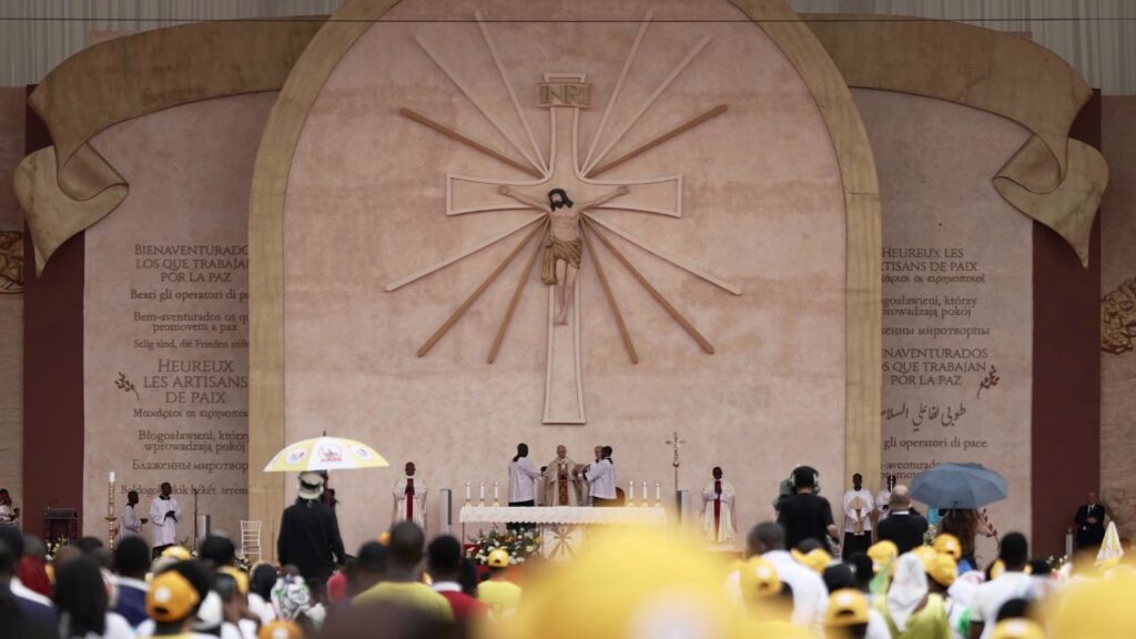 Pope Leo XIV celebrates Mass at Malabo Stadium in Equatorial Guinea on April 23, 2026. | Credit: Patrick Leonard/EWTN News.