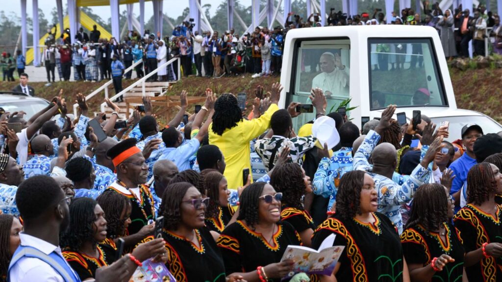 Pope Leo XIV greets Catholics at Bamenda Airport in Cameroon on Thursday, April 16, 2026. | Credit: Vatican Media
