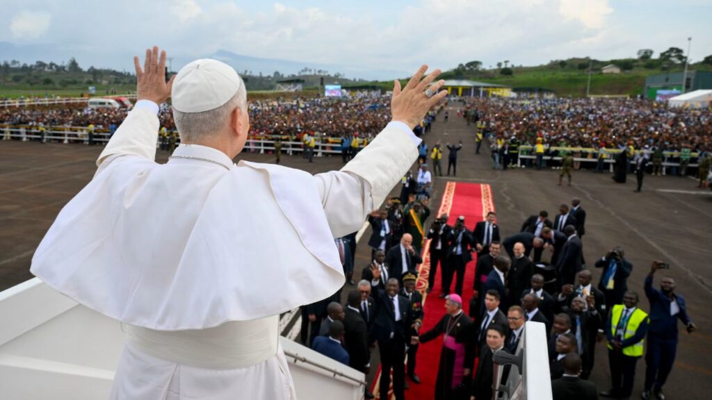 Pope Leo XIV waves to crowds while departing Bamenda, Cameroon, on Thursday, April 16, 2026. | Credit: Vatican Media