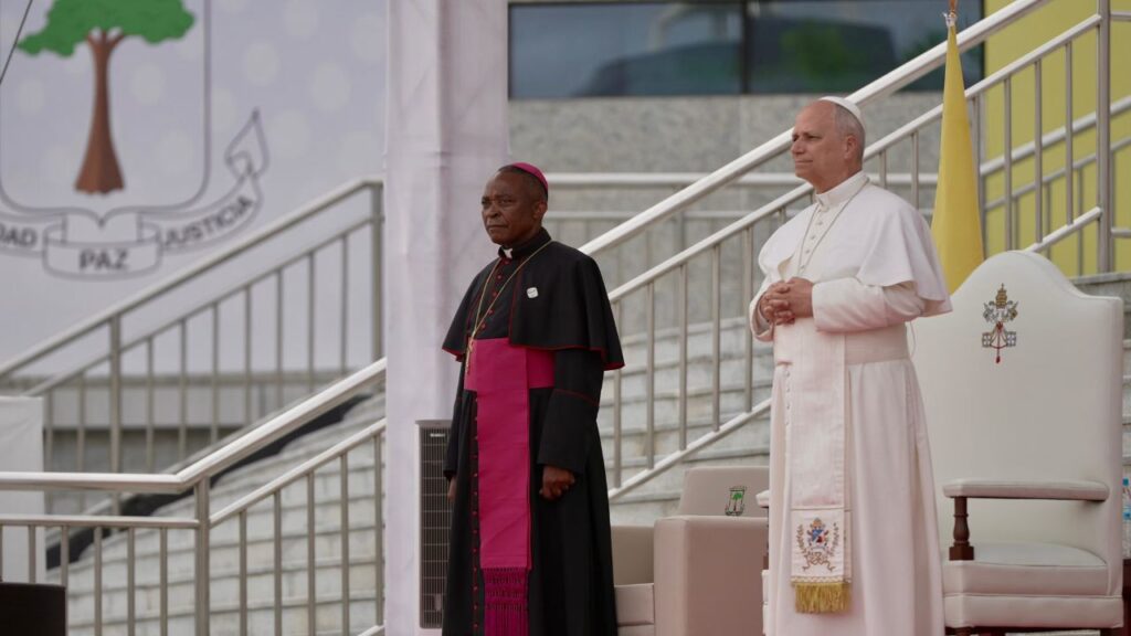 Pope Leo XIV with Archbishop Juan Nsue Edjang Mayé of Malabo at the Leo XIV Campus of the National University of Equatorial Guinea on April 21, 2026. | Credit: Patrick Leonard/EWTN News