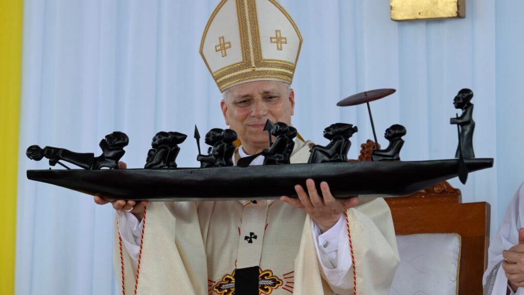 Pope Leo XIV holds a sculpture at Japoma Stadium in Douala, Cameroon, on Friday, April 17, 2026. | Credit: Vatican Media