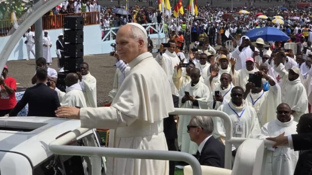 Pope Leo XIV greets 120,000 people gathered at Japoma Stadium in Douala, Cameroon, for a papal Mass on April 17, 2026. | redit: George Wirnkar/ACI Africa