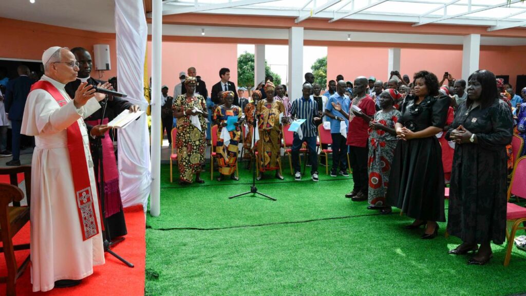 Pope Leo XIV addresses the audience during his visit to a nursing home in Saurimo, Angola, on April 20, 2026. | Credit: Vatican Media