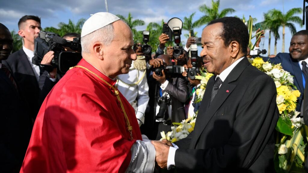 Pope Leo XIV is welcomed to Cameroon by President Paul Biya on April 15, 2026. | Credit: Vatican Media