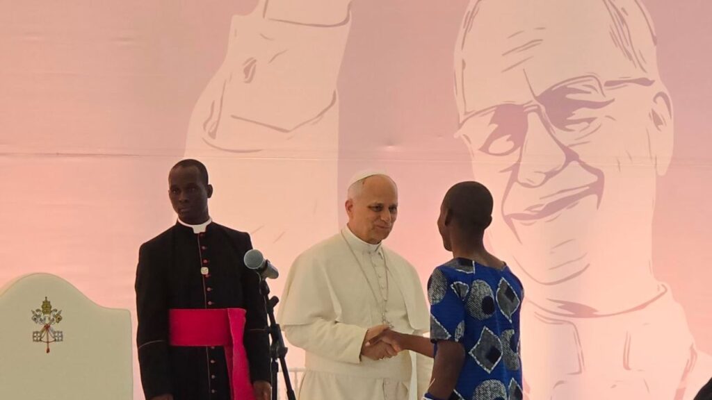 Pope Leo XIV greets a patient at the Jean-Pierre Olié Psychiatric Hospital in Malabo, Equatorial Guinea, on April 21, 2026. | Credit: AIGAV Pool