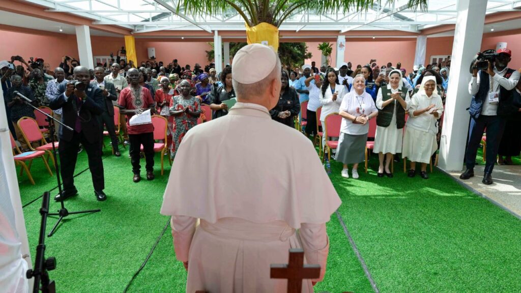 Pope Leo XIV greets the crowd during his visit to a nursing home in Saurimo, Angola, on April 20, 2026. | Credit: Vatican Media