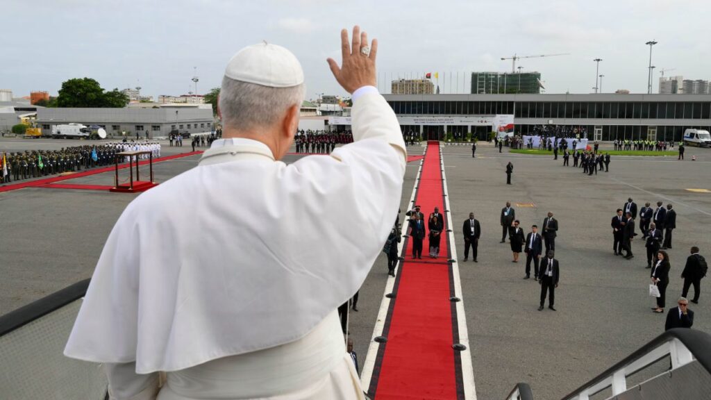 Pope Leo XIV waves as he departs Angola at Quatro de Fevereiro International Airport on Tuesday, April 21, 2026. | Credit: Vatican Media