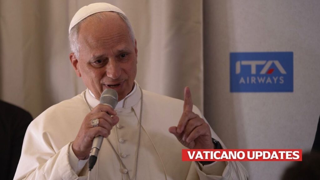 Pope Leo XIV speaks aboard the papal plane from Malabo, Equatorial Guinea, to Rome, following an 11-day trip in Africa, April 23, 2026. | Credit: Patrick Leonard/EWTN News.