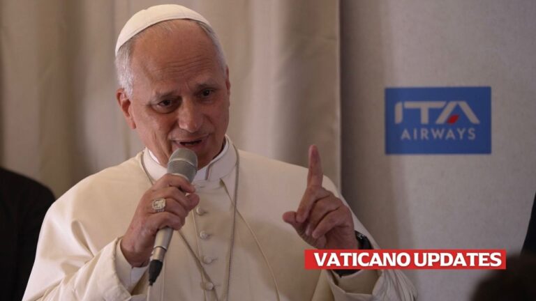 Pope Leo XIV speaks aboard the papal plane from Malabo, Equatorial Guinea, to Rome, following an 11-day trip in Africa, April 23, 2026. | Credit: Patrick Leonard/EWTN News.