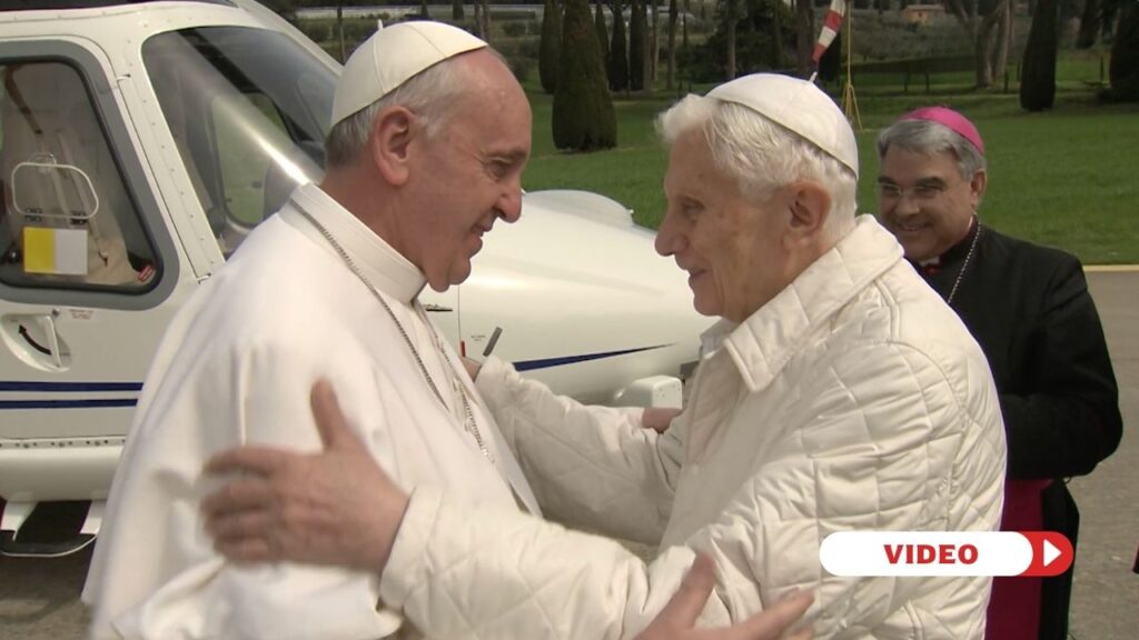 Pope Francis and Pope Benedict XVI embrace. Credit: EWTN Vatican | Vaticano screenshot